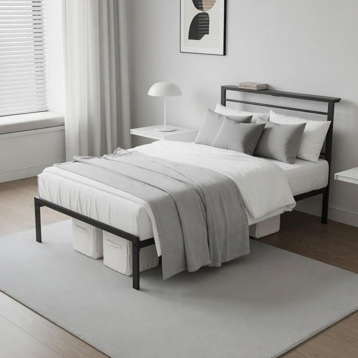 Platform Bed Frame With Charging Station & Headboard Shelves