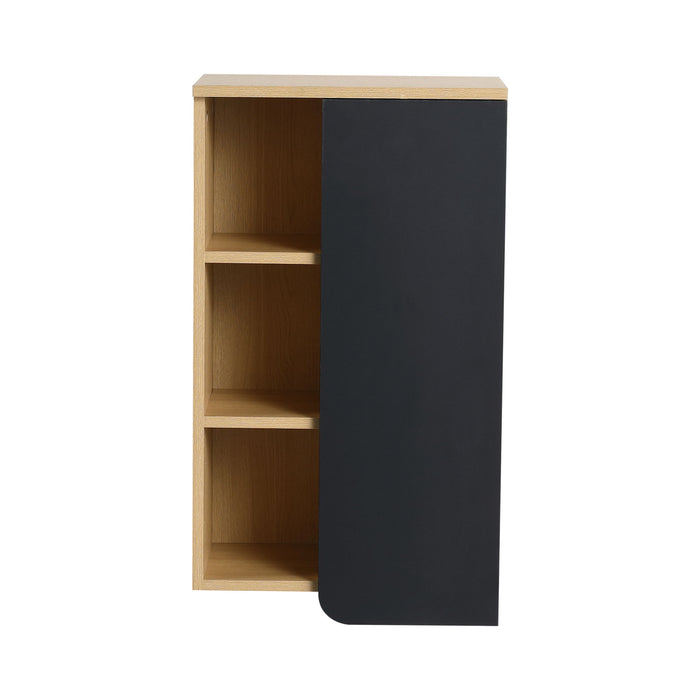 Wall Mounted Bathroom Side Cabinet, Single Door With 3 Tier Open Shelves - Black / Light Oak / White