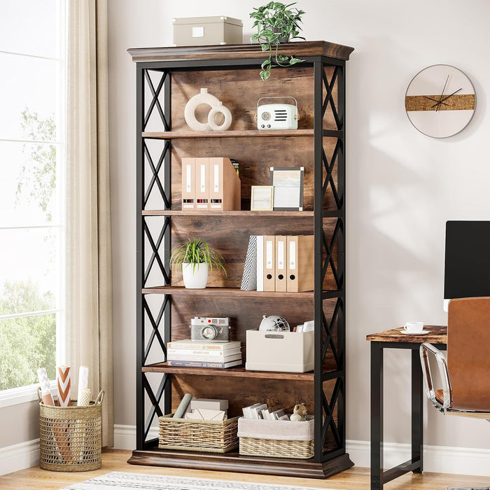 6 Tier Industrial Brown & Bookshelf With X Pattern Design - Rustic Brown