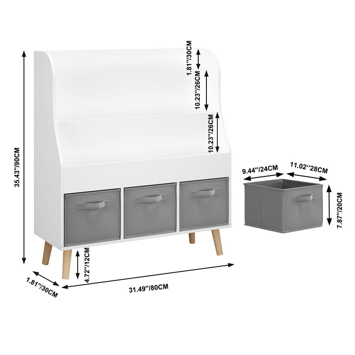 Bookshelf With 3 Storage Bins, Book Display Organizer, Front Facing Book Rack - White