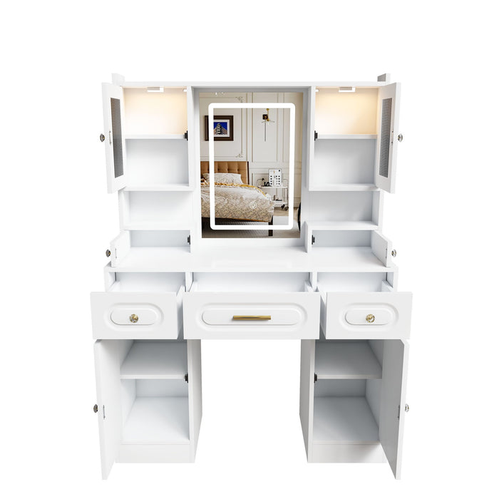 Large Vanity Table Set With Mirror, 6 Drawers & Shelves, Power Socket, Hair Dryer Holder, Cabinet Light, Dressing Desk - White