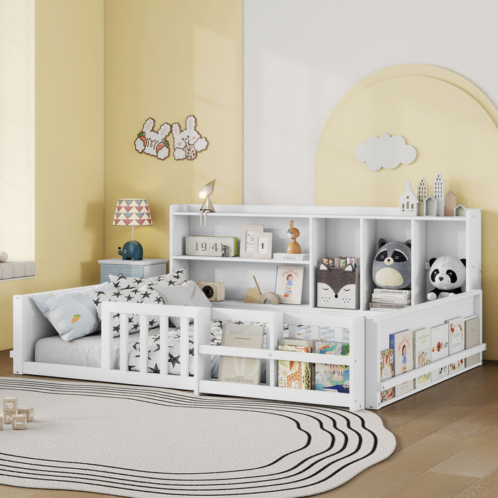 Platform Bed Frame With Guardrail, Storage Shelves & Bookshelf