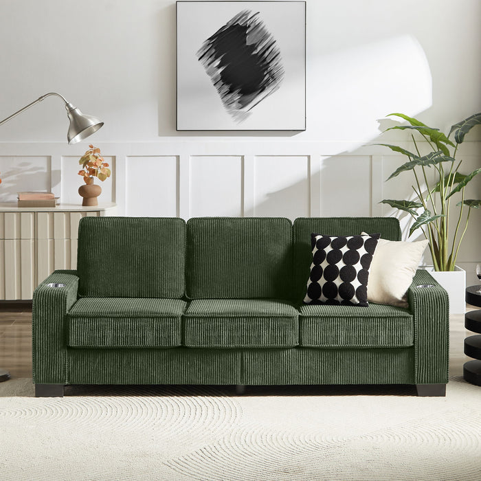 Modern Corduroy Fabric Sofa, 3 Seater Compressed Couch With Cup Holders