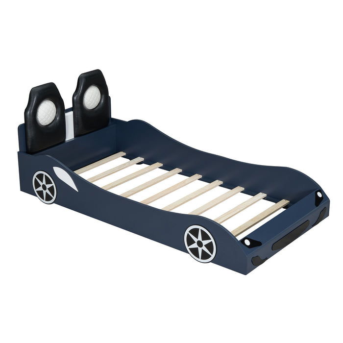 Race Car Shaped Platform Bed With LED And Upholstered Backrest In