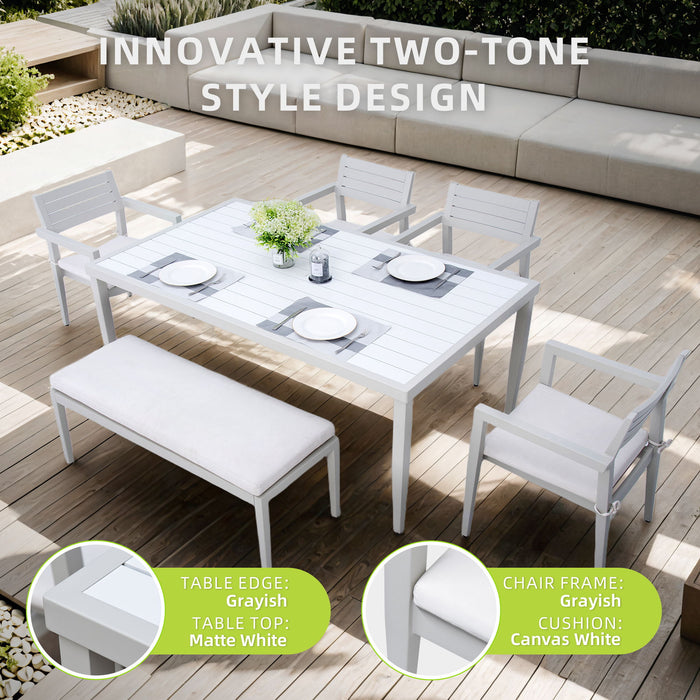 6 Piece Dining Set Modern Outdoor Patio Furniture, 4 Dining Chairs & 1 Dining Bench Sunbrella Fabric And 2 Tone Rectangle Table With Umbrella Hole - Matte White / Grayish