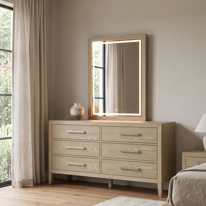 Adeline - 6 Drawers Dresser & Mirror With Jewelry Box & LED Light - Natural Wood Wash