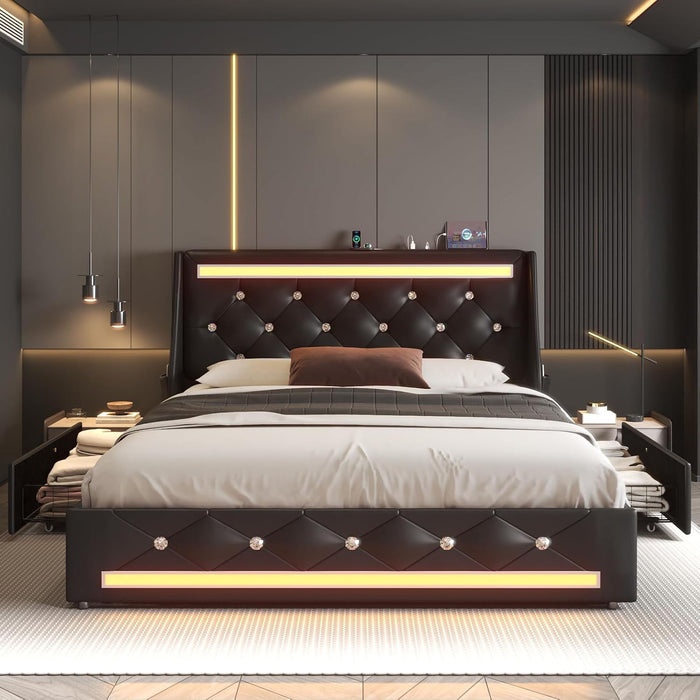 Wingback Upholstered Bed Frame With LED Lights, Charging Station