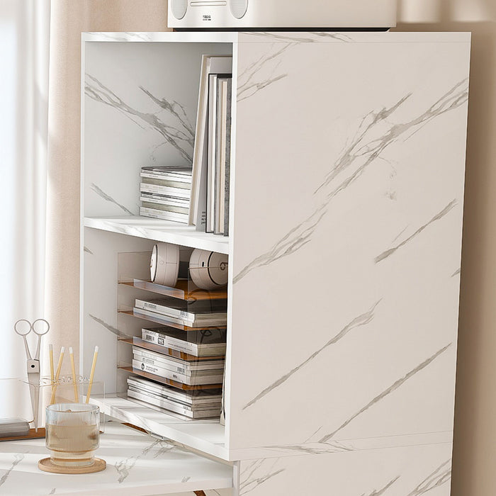 Stretchable Office Desk With Storage Shelves And Mobile Wheels, Foldable Design For Small Apartments - White Marble