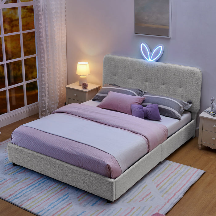 Upholstered Bed With Oversized Rabbit Ear Headboard, LED Lights & 4 Storage Drawers