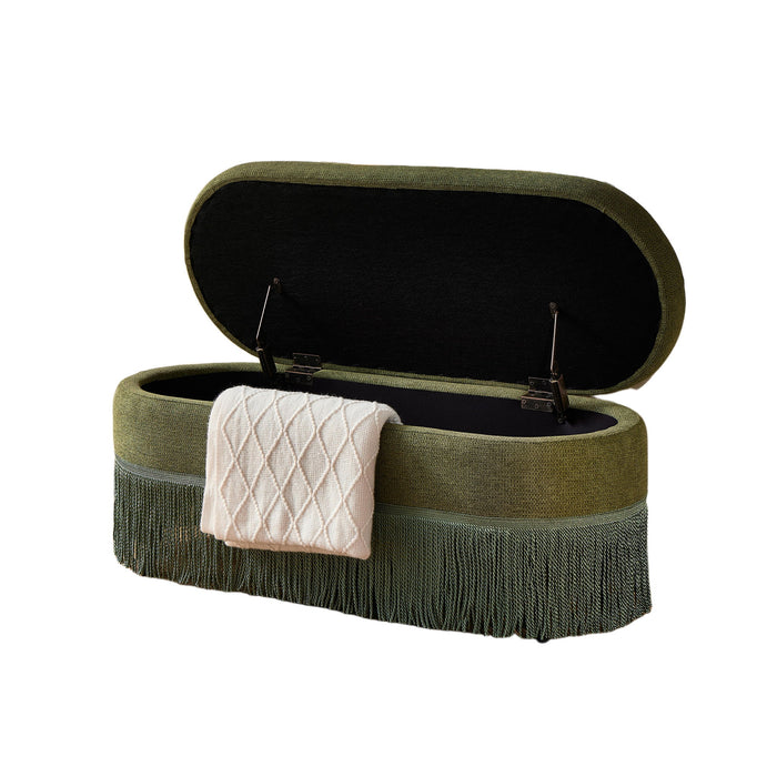 Oval Upholstered Storage Ottoman With Fringe Trim & Lift Top Lid