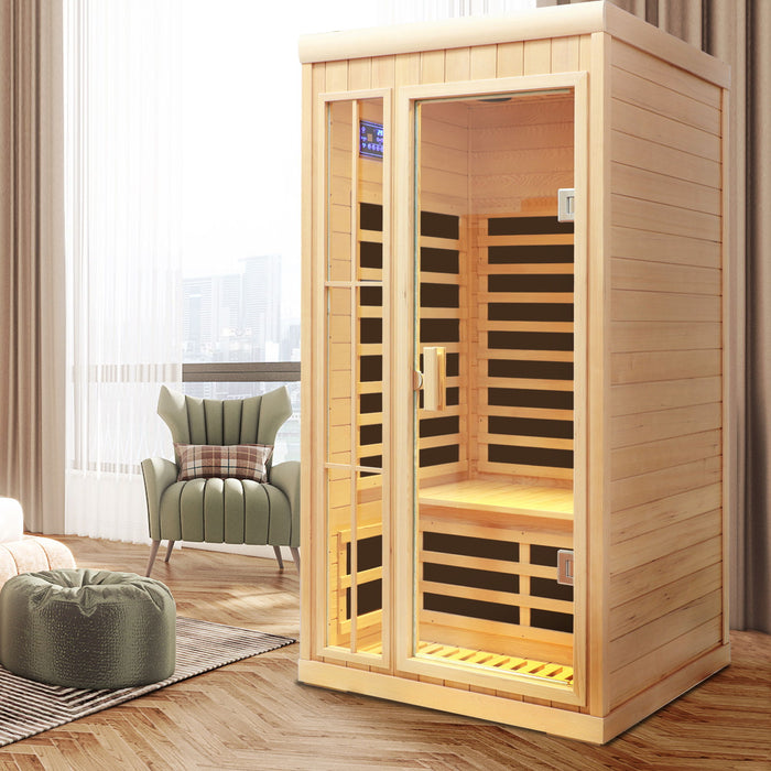 Deluxe Version Plus 1 Person Far Infrared Hemlock Sauna Room With LED Colour Lights - Natural