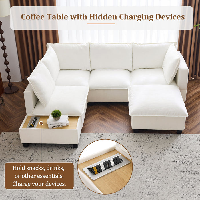 U-Shaped Sectional Modular Sofa With A Movable Ottoman, A Coffee Table With Hidden Charging Devices For Living Room