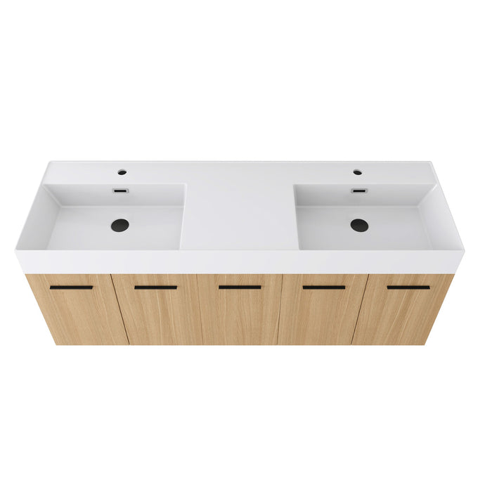 Floating Double Sink Bathroom Vanity With Extra Large Storage, Integrated Sink, Soft Close Doors, Wall Mounted Bath Vanity - Glossy White / Light Oak