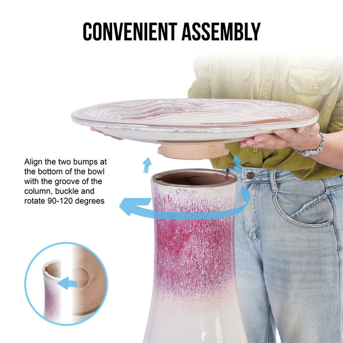 Birdbath For Patio, Garden - White / Pink