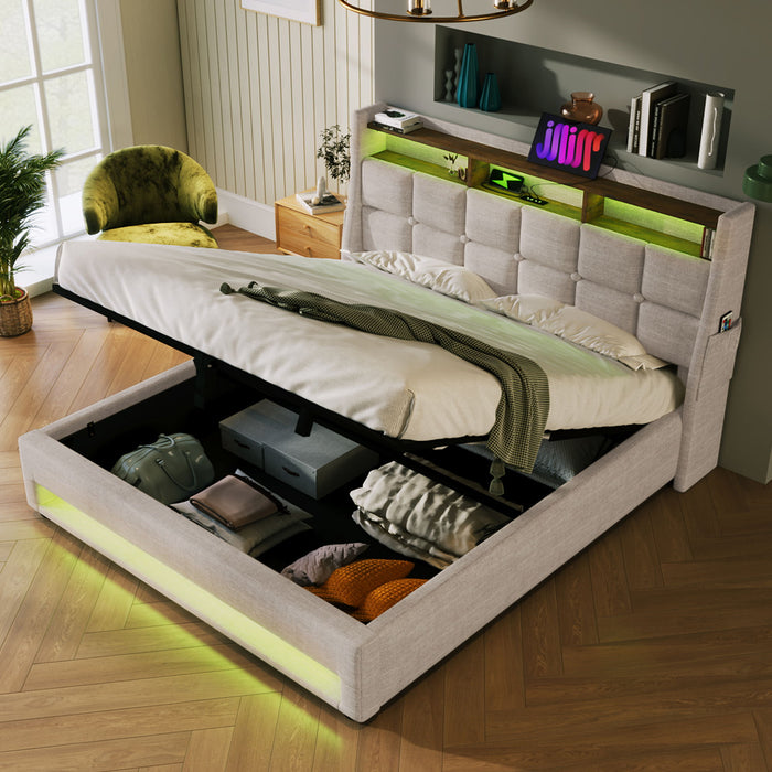 Platform Bed With Hydraulic Storage, LED Lighting & Charging Station