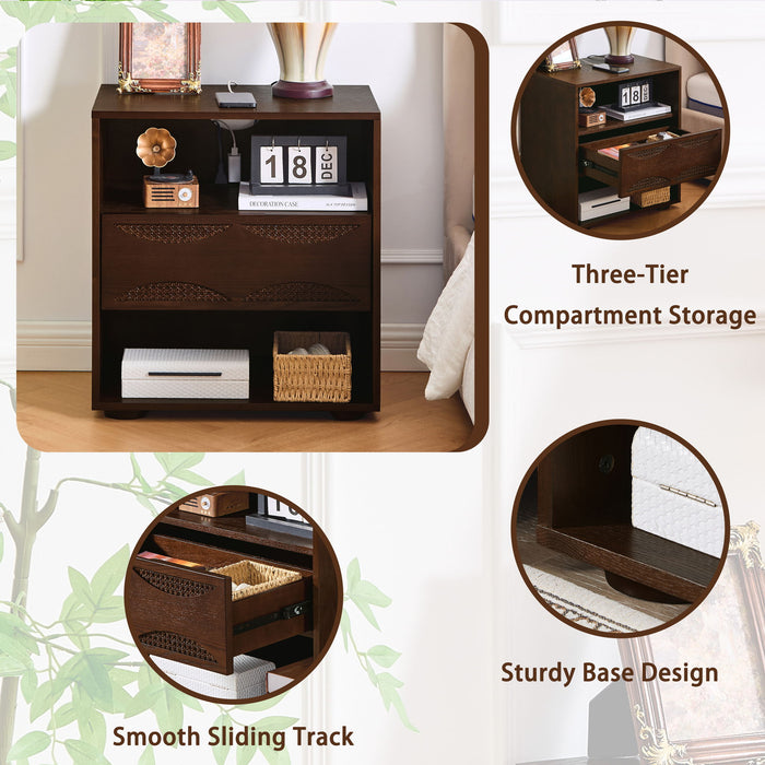 Nightstand With USB Ports & Outlet Hole, End Table With Drawer