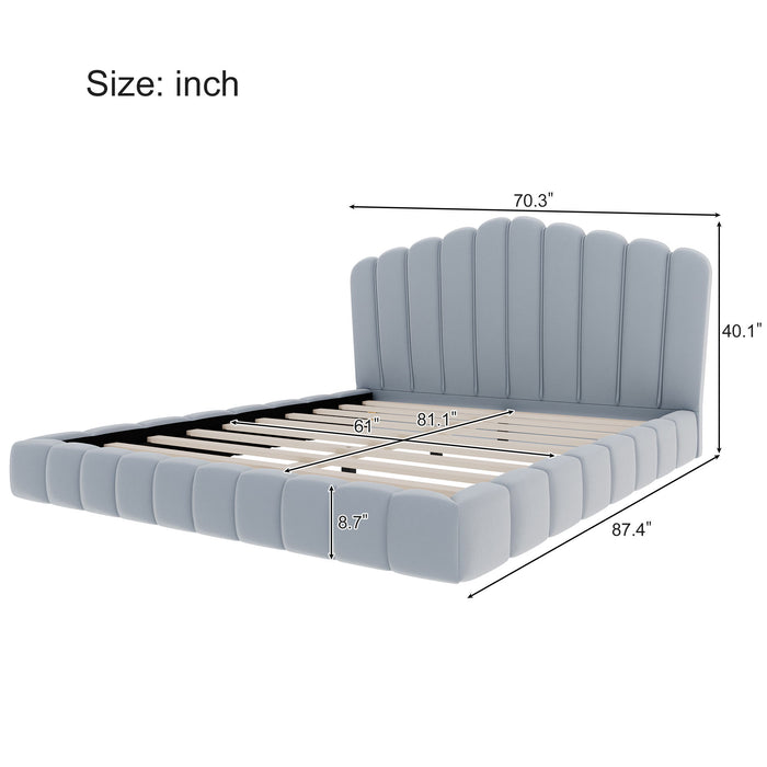 Queen Upholstered Bed Frame With Shell Shaped Headboard - Light Blue - Light Blue