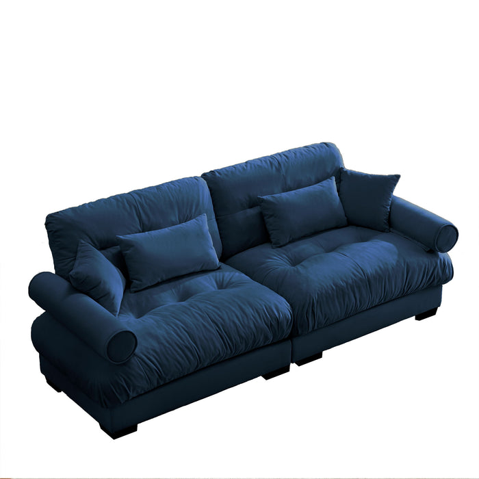 Modern Velvet Sofa With Bolstered Armrests And Pillows