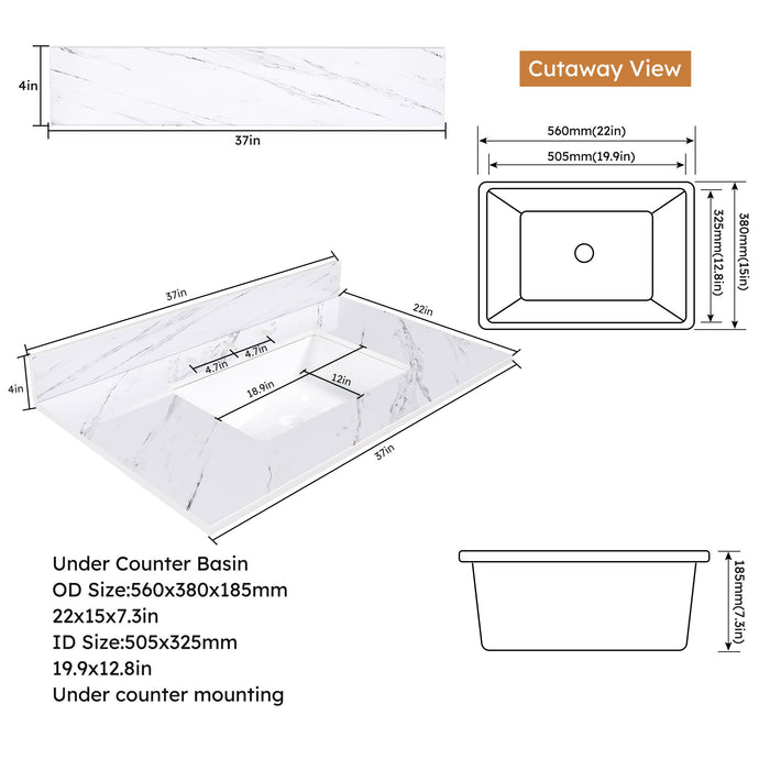 Bianco Carrara Venato Elegant Marble Vanity Top, Bathroom Vanity With Undermount Sink, Sintered Stone