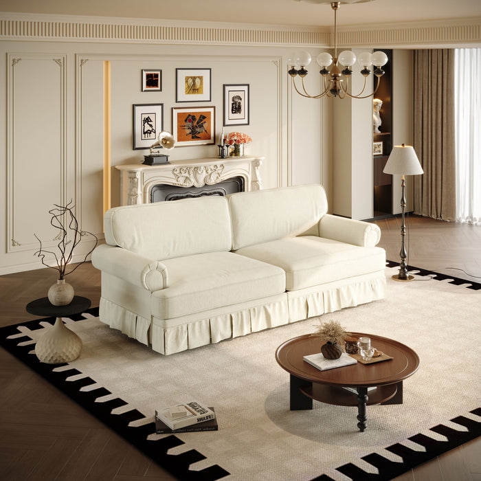 Luxuriously Comfortable Cloud Couch Sofa With Elegant Rolled Arms & Pleated Skirt Design