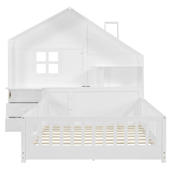 Full Size House Bed With Window And Bedside Drawers, Platform Bed With Shelves And A Set Of Sockets And USB Port - White