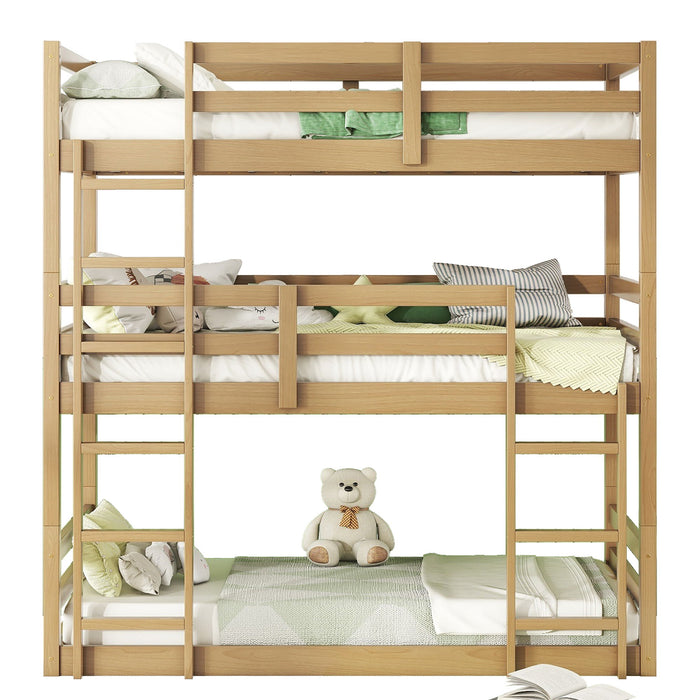 Twin Over Twin Over Twin Triple Bunk Bed With 2 Built In Ladders, Guardrails - Natural