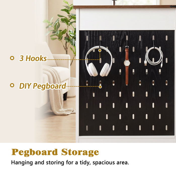 Office Desk With Storage Cabinet, Charging Station, Monitor Stand & Pegboard