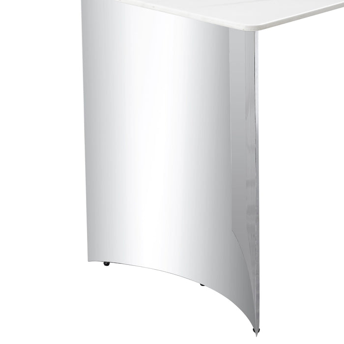 Modern Minimalist Dining Table With Imitation Marble Glass Surface And Metal Legs - White