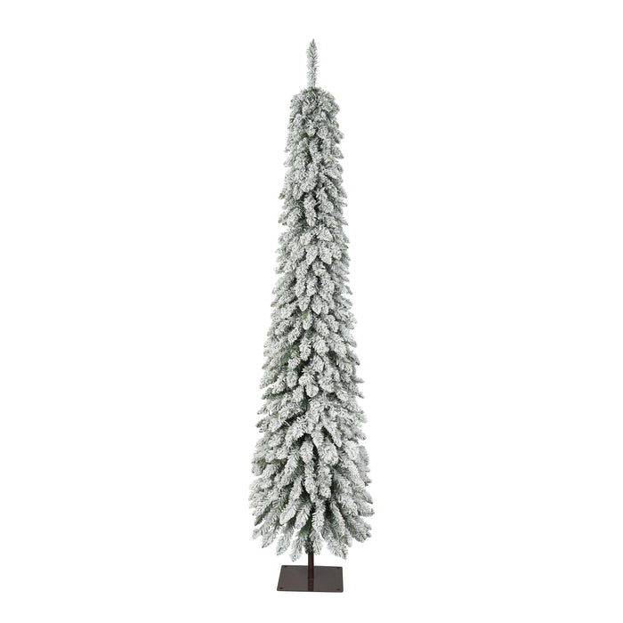 Slim Snow Flocked Pre Lit Pencil Christmas Tree, 3.9Ft / 5.9Ft / 7.9Ft With 750 Branch Tips, 480 LED Lights, Warm Glow, For Indoor Holiday Decor - White