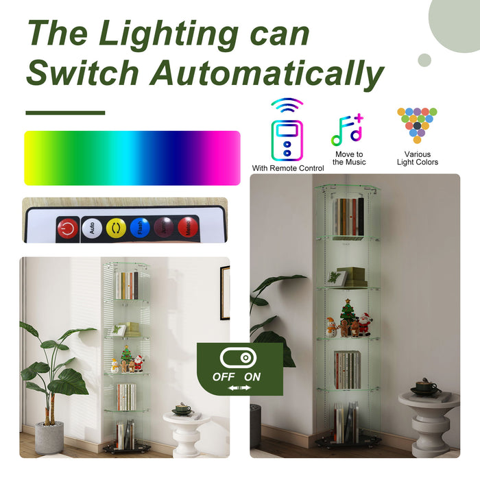 5 Tier Diamond Glass Display Case With 5 Dynamic LED Modes - Black