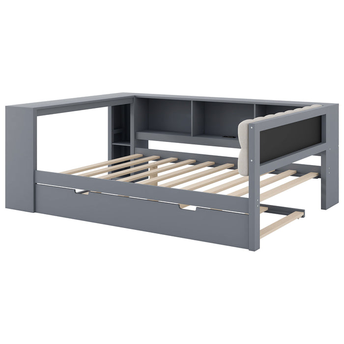 Upholstered Headboard Platform Bed With Storage Shelves, Trundle, Charging Station