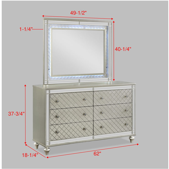 6 Drawer Bedroom Dresser With Diamond Patterned Drawer Fronts - Silver