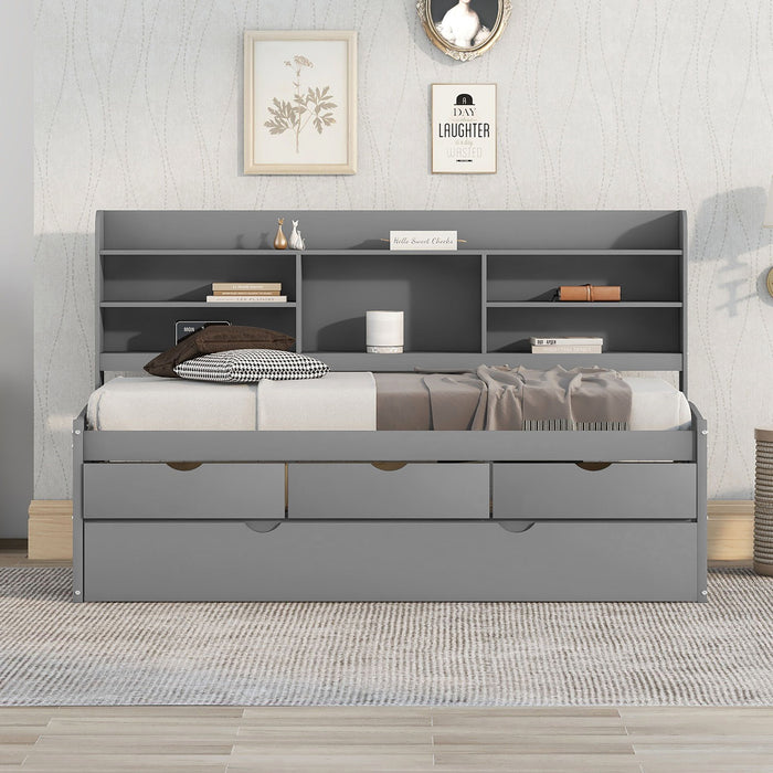 Captain Bed With Built In Bookshelves, 3 Storage Drawers, And Trundle