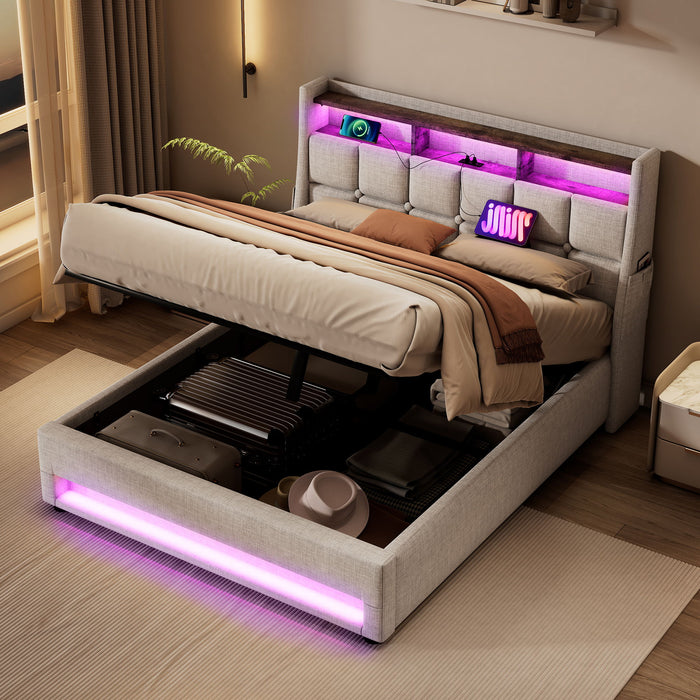 Platform Bed With Hydraulic Storage, LED Lighting & Charging Station