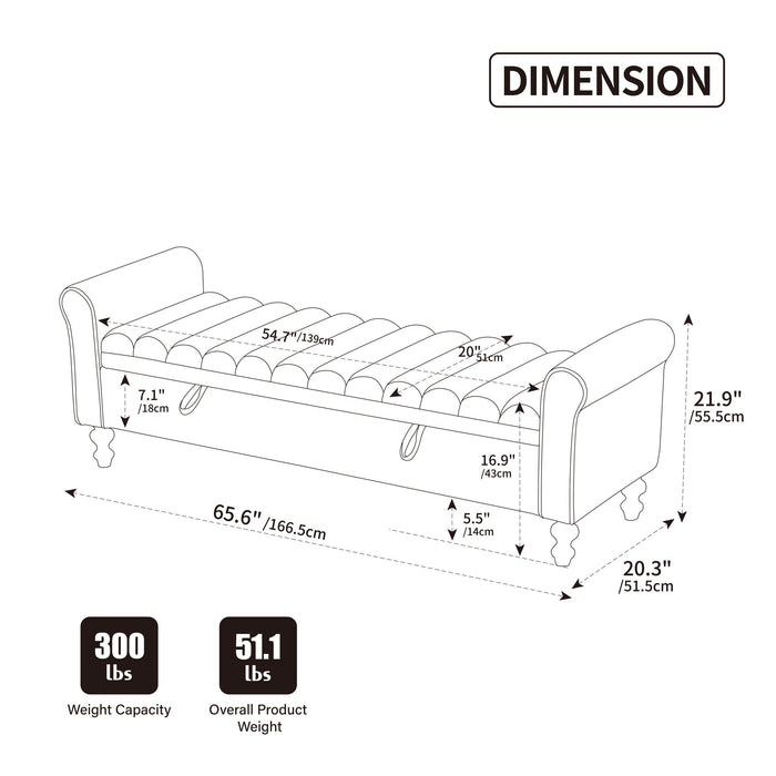 Wide Modern Upholstered Storage Bench With Rolled Armrest