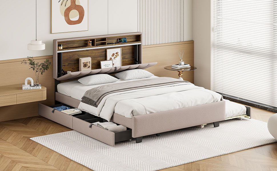 Upholstered Platform Bed With Storage Headboard, Trundle & 2 Drawers And A Set Of Sockets & USB Ports