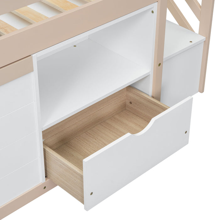 Low Loft Bed With Stair, Drawer, And Shelf