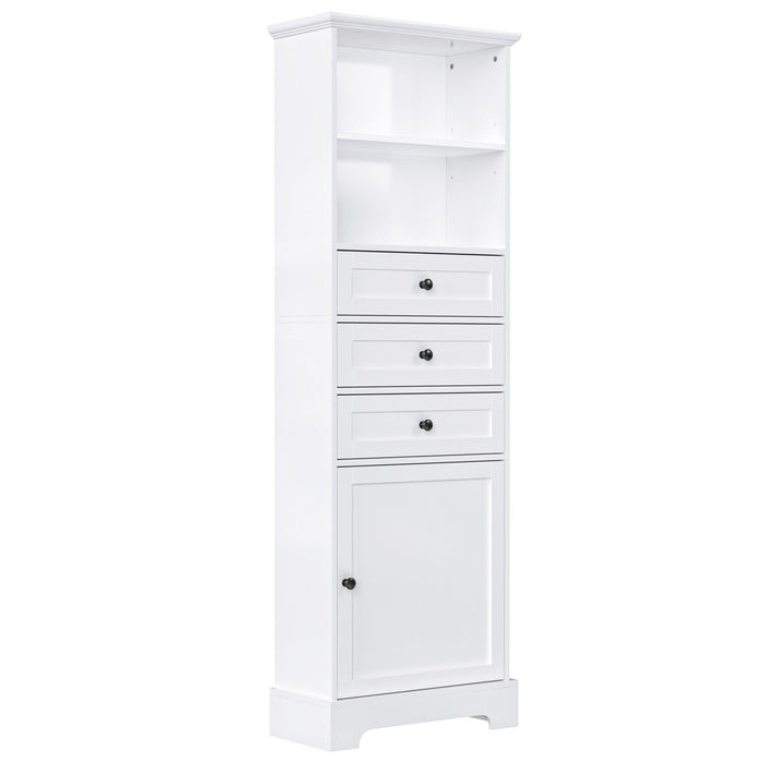 Tall Storage Cabinet With 3 Drawers And Adjustable Shelves For Bathroom