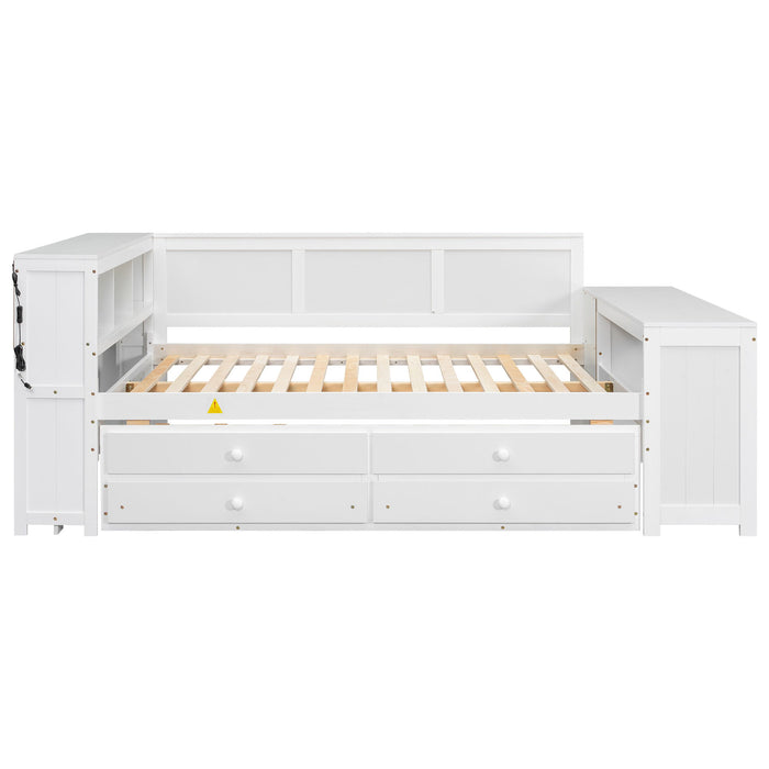 Daybed With Storage Shelves, Drawers, Trundle, Charging Station, LED Light, Desk And Cabinet