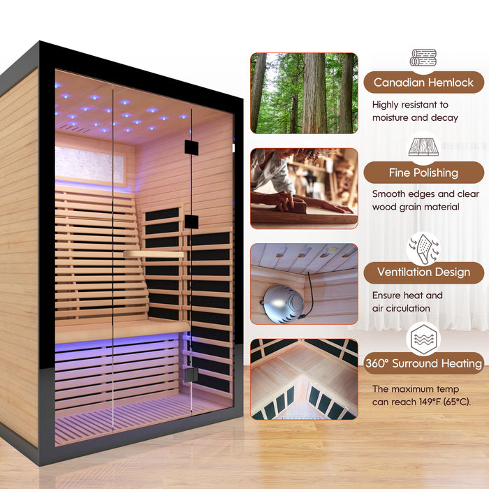 Luxury Double Far Infrared Sauna Room With Epoxy Heating Plates And Starry Sky Lighting - Black / Natural