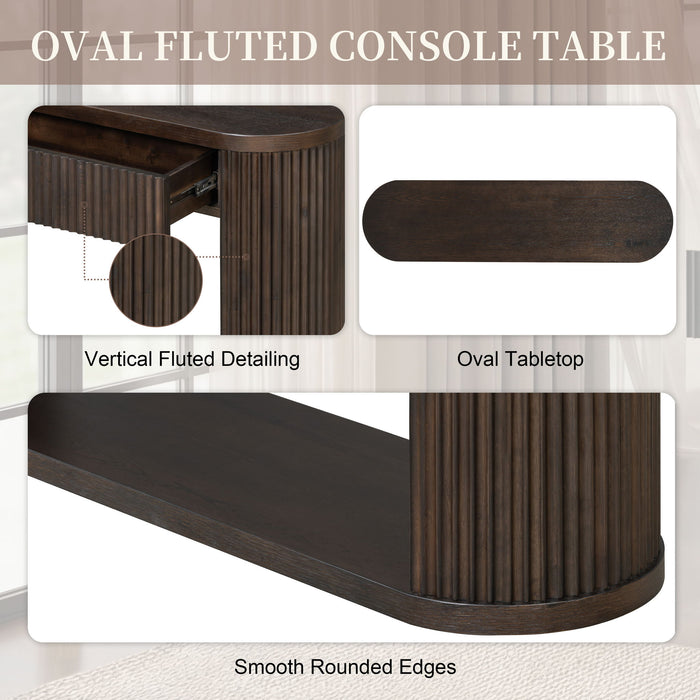 Oval Fluted Console Table With 2 Drawers And Bottom Shelf