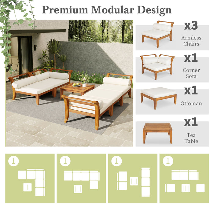 6 Piece Patio Sofa Set, Acacia Wood Outdoor Modular Sectional Garden Furniture Set L Shaped Conversation Set, Convertible Daybed With Tea Table, Ottoman, 5 Cushions And Pillows - Teak / Beige