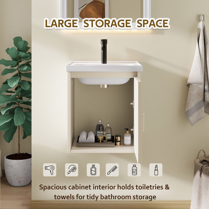 16" Floating Bathroom Vanity Combo, Wall Mounted Cabinet With Sink & Soft Close Doors For Small Bathrooms - Khaki