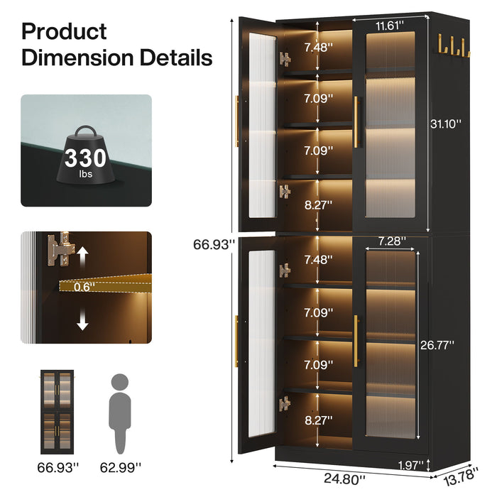 Bookcase With Doors And LED Lighting, 8 Adjustable Shelves Storage Cabinet