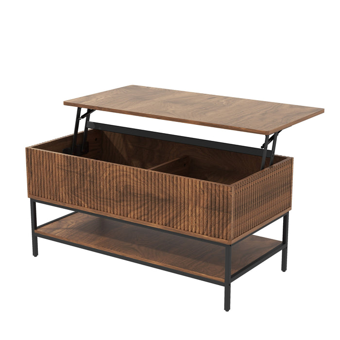 Rectangle Lift Top Coffee Table With Hidden Storage And Lower Shelf - Brown