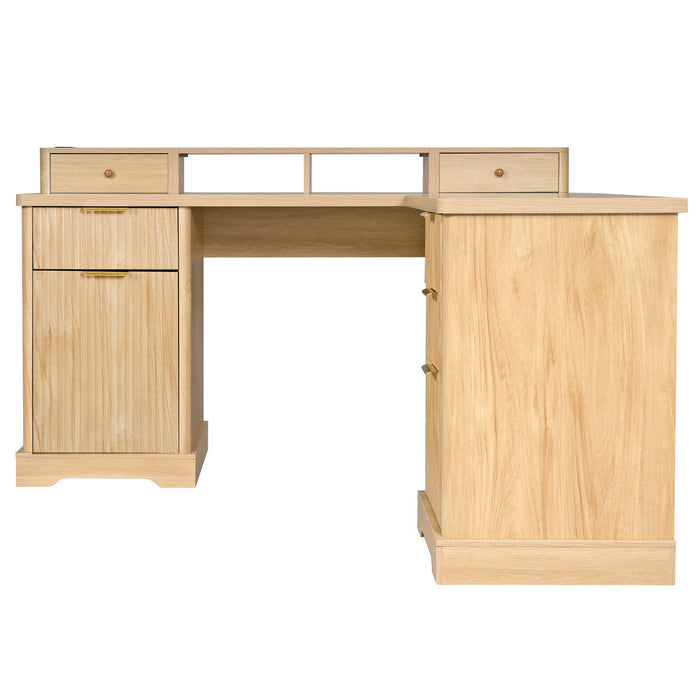 Fluted L-Shaped Desk With Charging Station & Storage Cabinet