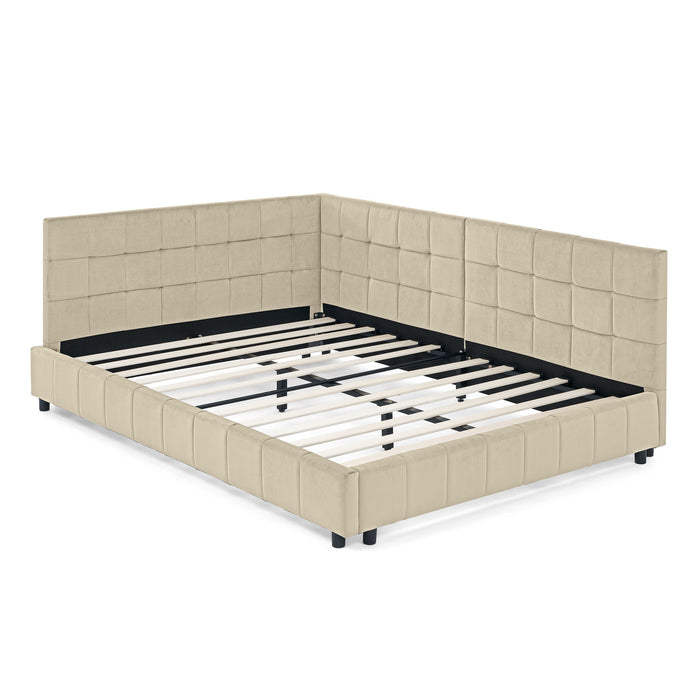 Mid-Century Storage Upholstered Tufted Bed Frame With Backrest And Armrests