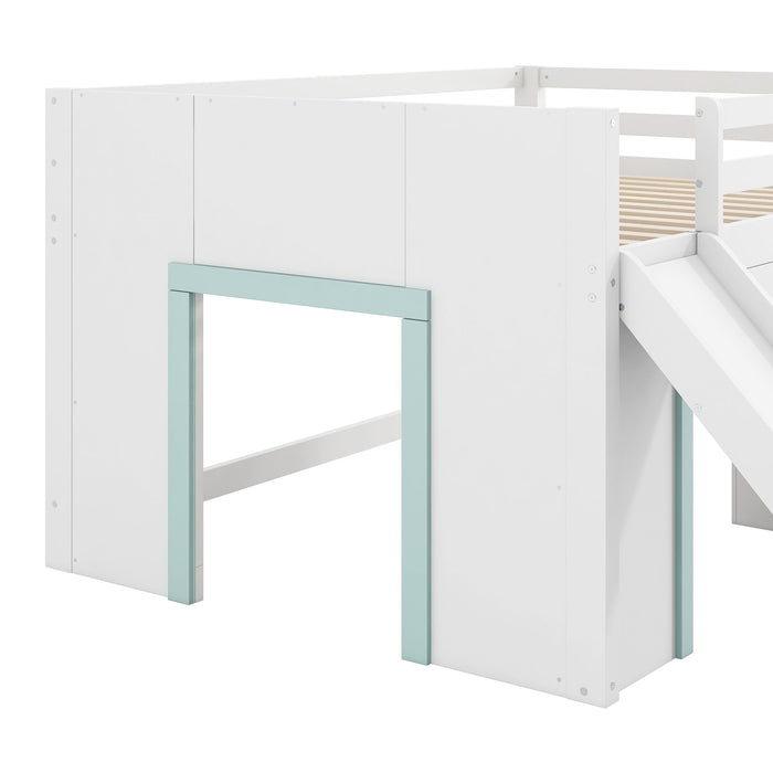 Modern Low Loft Bed With Slide, 3 Storage Drawers, And 2 Doors