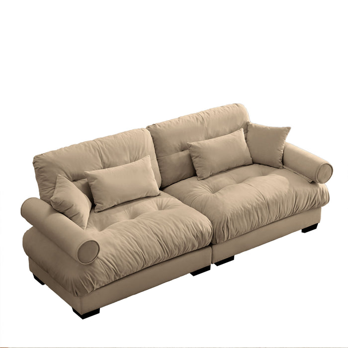 Modern Velvet Sofa With Bolstered Armrests And Pillows