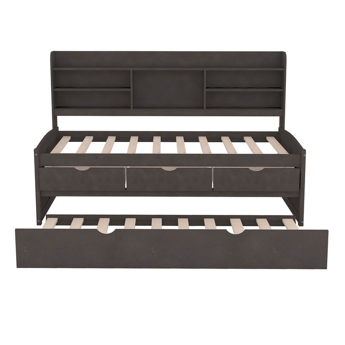 Captain Bed With Built In Bookshelves, 3 Storage Drawers, And Trundle